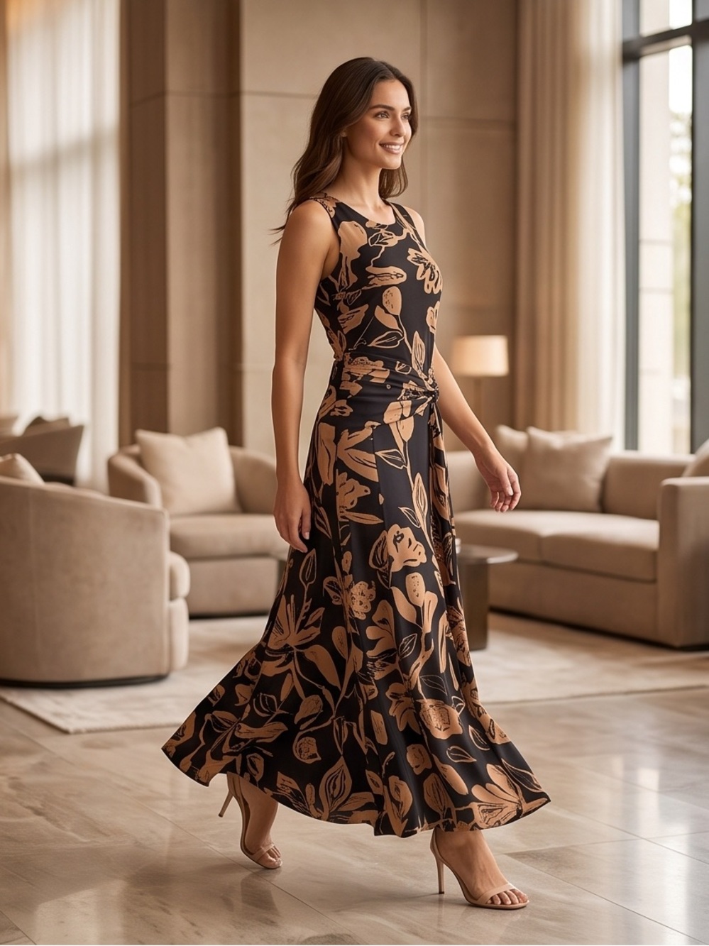 Tanya Taylor Women’s Black Maxi Dress with Tan Floral Print